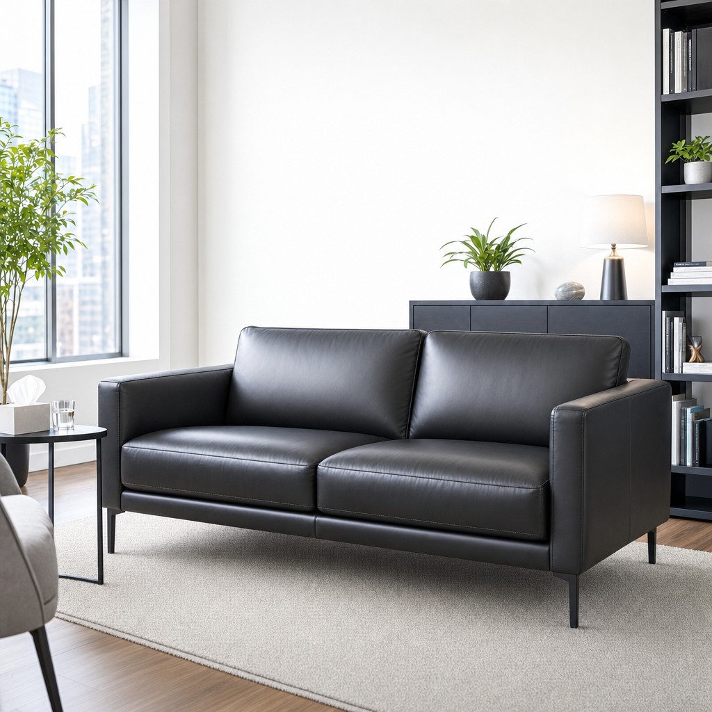 A calm office with a black leather sofa, city light, and a reading lamp